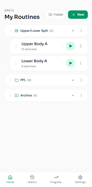 Omnis home screen showing workout routines organized into folders