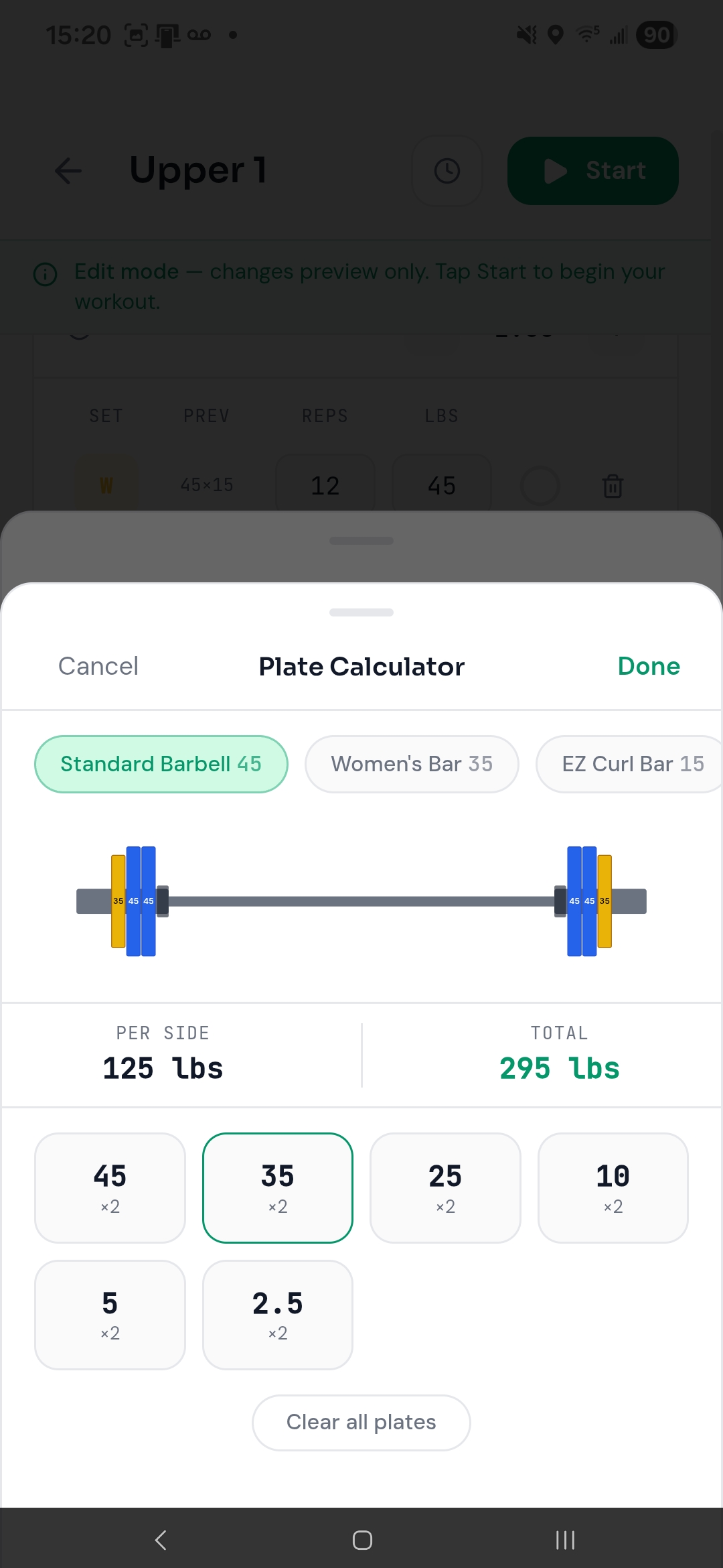 Visual plate calculator showing a loaded barbell