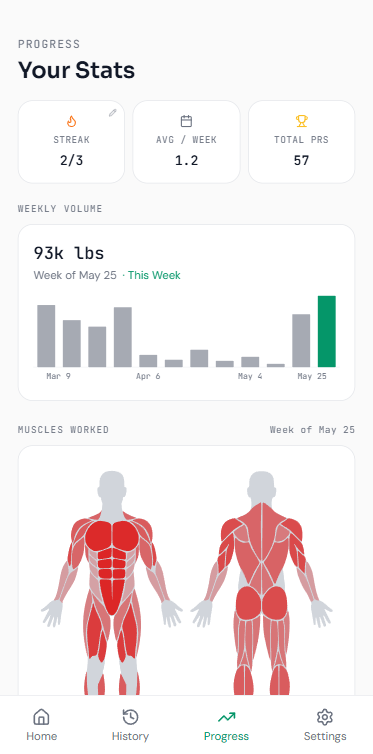 Progress dashboard with streaks, weekly volume, and muscle heat map