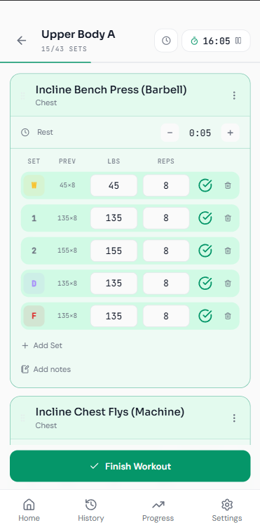 Live workout session showing a timer, set types, previous-set history, and completed reps