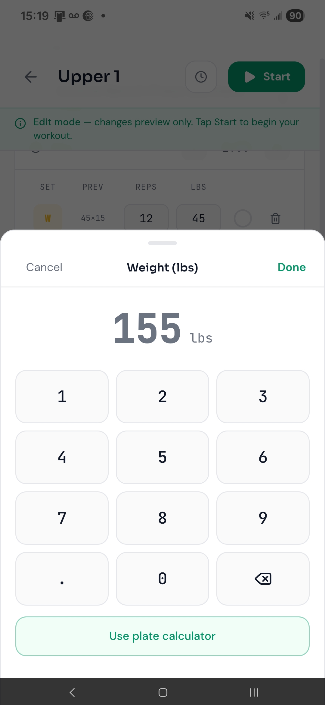 Weight entry keypad with a shortcut to the plate calculator